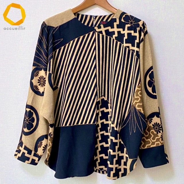 anc シセンドウ 詩仙堂 ヒトシタムラ カットソー 黒 ベージュ ちりめん ドルマン 和柄 バックボタン ストライプ レディース 975194