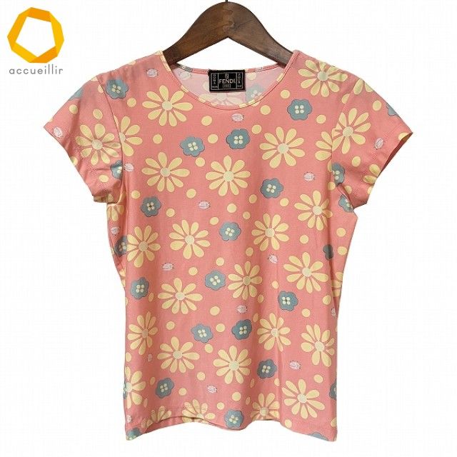 #snc フェンディジーンズ FENDI jeans カットソー 42 サーモンピンク Tシャツ 半袖 花柄 テントウムシ イタリア製 レディース [975458]
