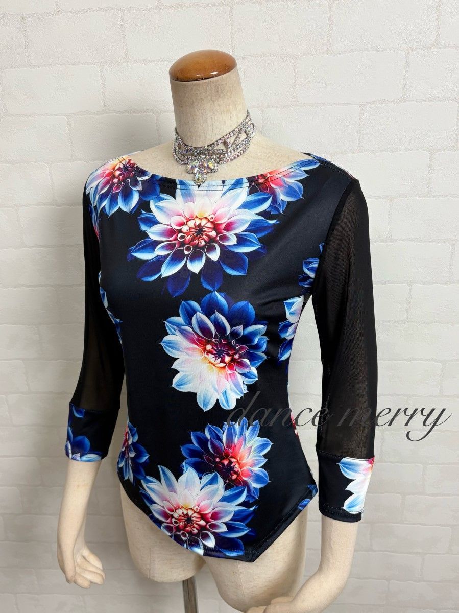 Lサイズ 新品 社交ダンス トップス ピンク 黒 青 レッスン 花柄 4332