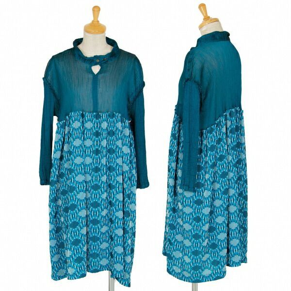 イッセイミヤケミーISSEY MIYAKE me 楊柳切替デザイン織りワンピース 青F