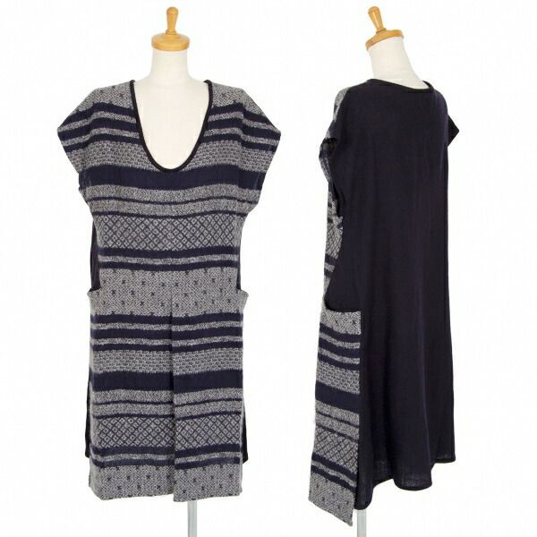 ワイズY s ウールネイティブ切替Uネックノースリーブワンピース 紺グレー2