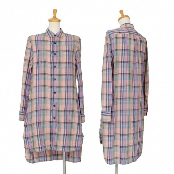ワイズY s リネンチェック長袖シャツワンピース ピンク紫緑2