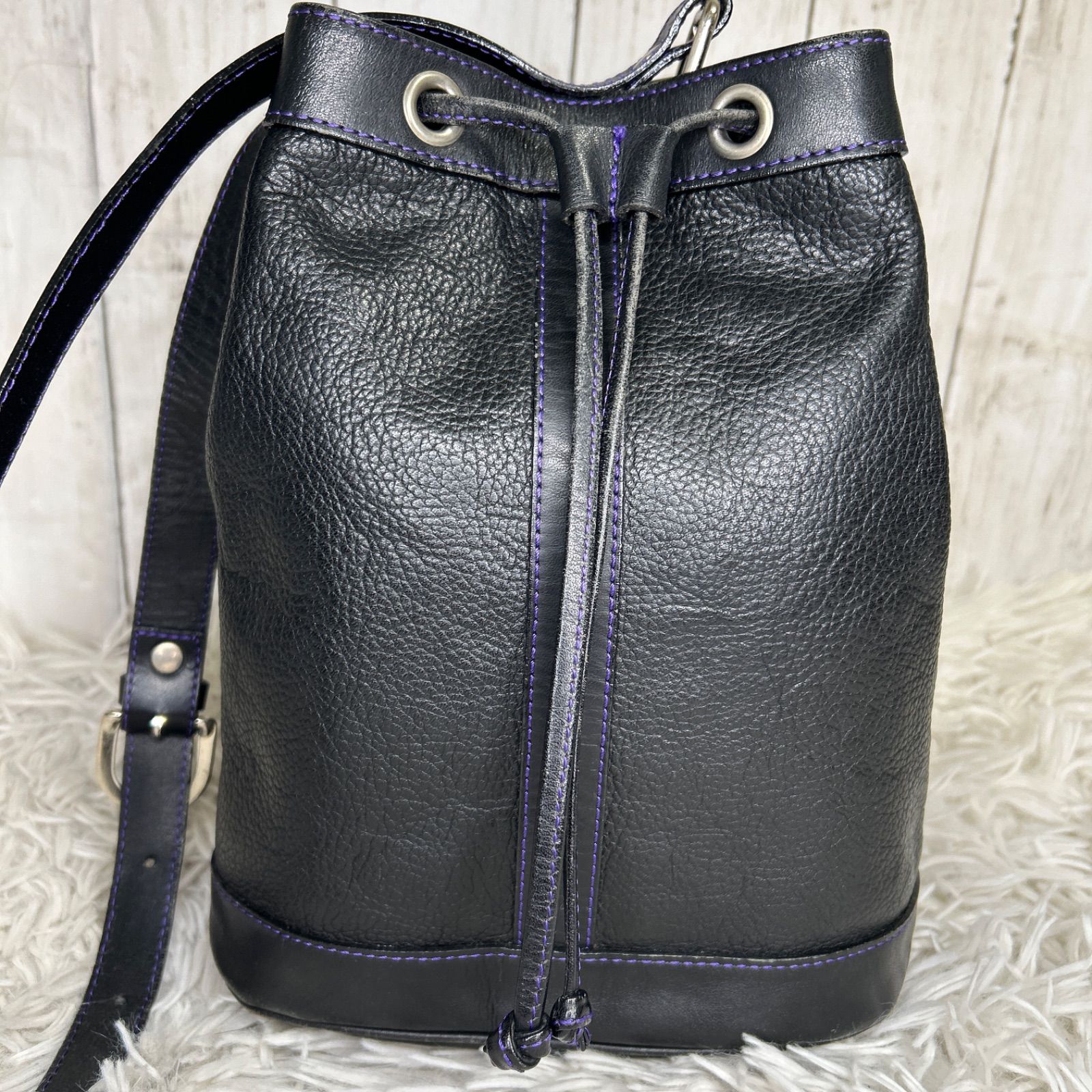 KENZO 巾着 ショルダーバッグ レザー ロゴ ブラック お買い得品 紫