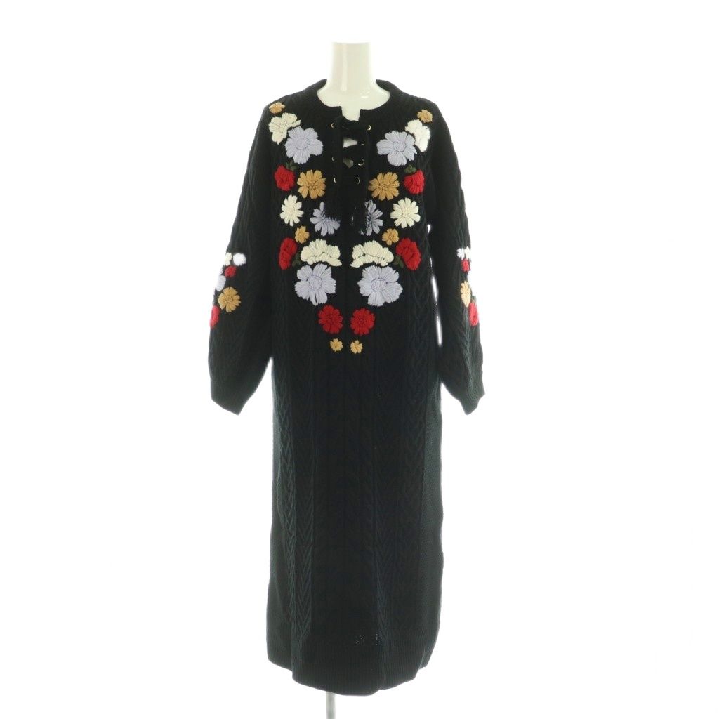 グレースコンチネンタル GRACE 刺繍ケーブルニットワンピース ロング ボリュームスリーブ 36 ブラック MY OS