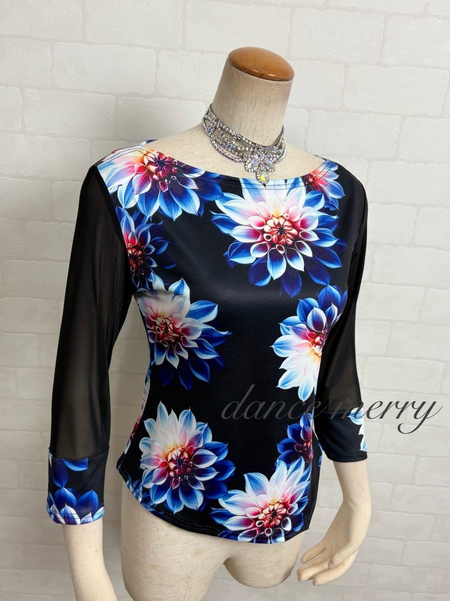 GRANT セットアップ 社交ダンスウエア ブルー 花柄 M〜Lサイズ GRANT