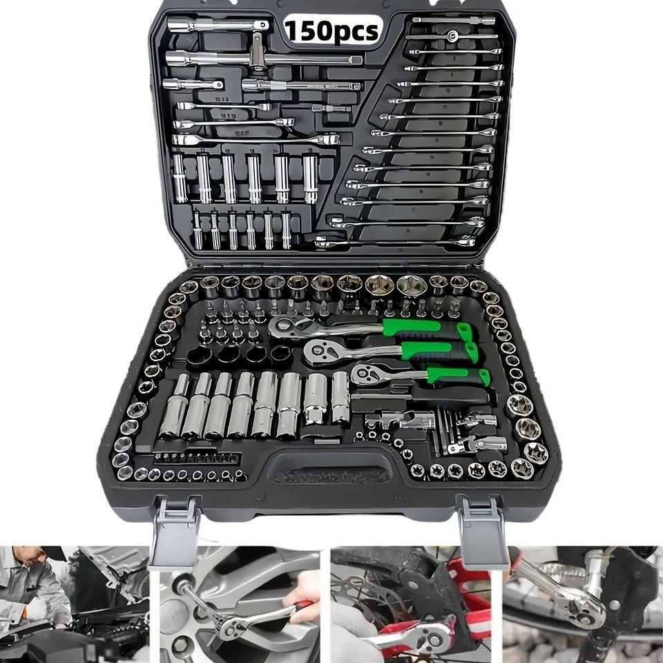 高品質クロムバナジウム鋼 メカニカルツールセット 46|150ピース ラチェットレンチ ソケット付き 自動車|自転車|バイク修理 DIYに ポータブルケース付 150点セット