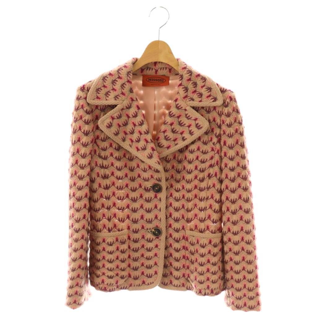 良品 MISSONI ミッソーニ ニット テーラード ジャケット 総柄 48 M ミッソーニ MISSONI 総柄 ジャケット ニット シングル 40 べージュ /HK