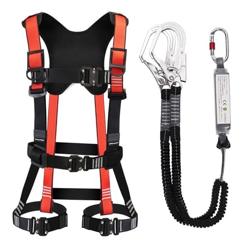 UTOPKU フルハーネス 安全帯 新規格 セット 脱着簡単 便利 安全 水平型腿ベルト ハーネス サイズ調整 腹部と胸と脚ワンタッチバックル 伸縮式 ダブルランヤード 建設工事 電力工事 外壁洗浄な a 3068 1 f