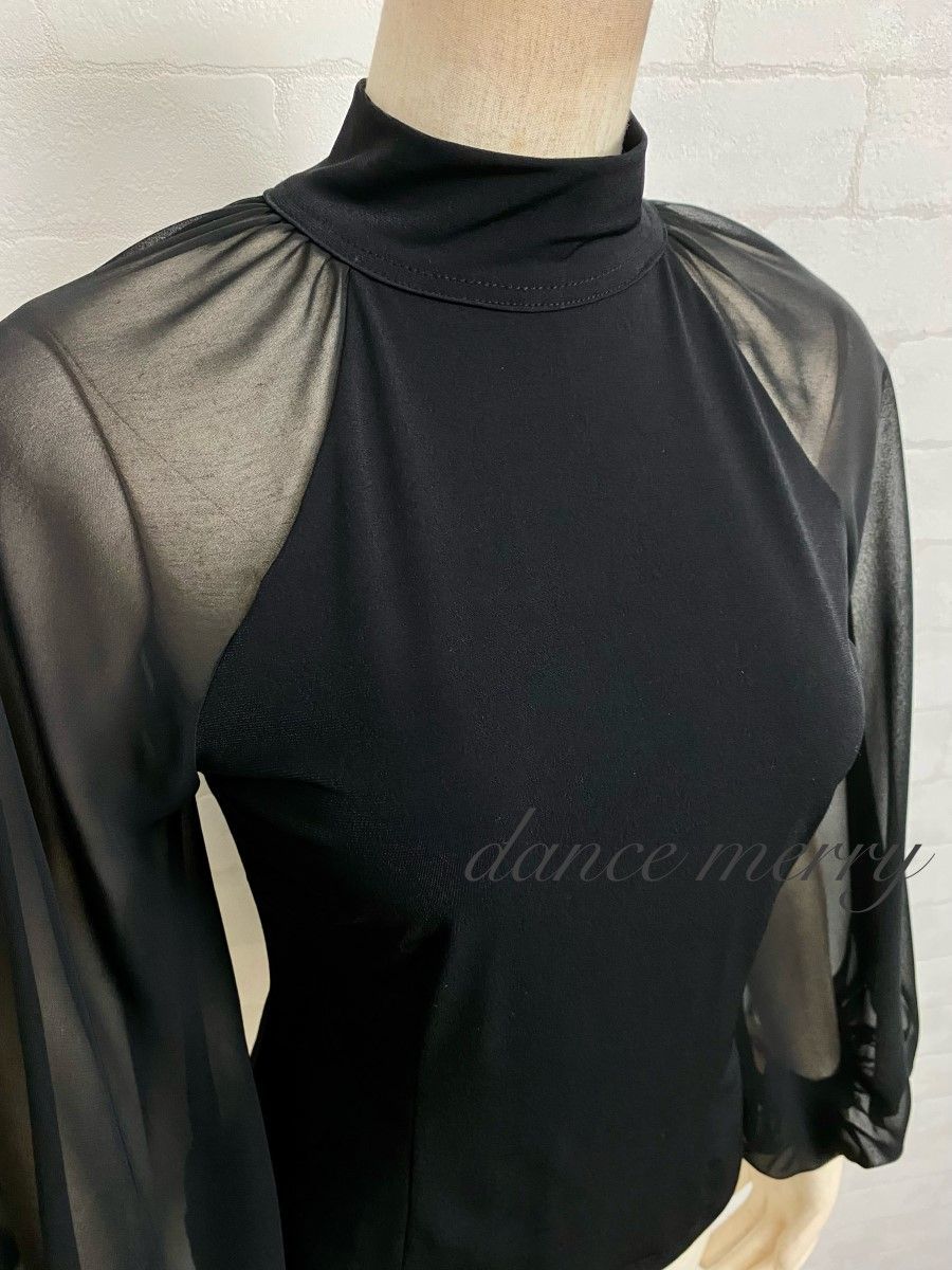 Lサイズ 新品 社交ダンス トップス 黒 2035 上品 シフォン 長袖