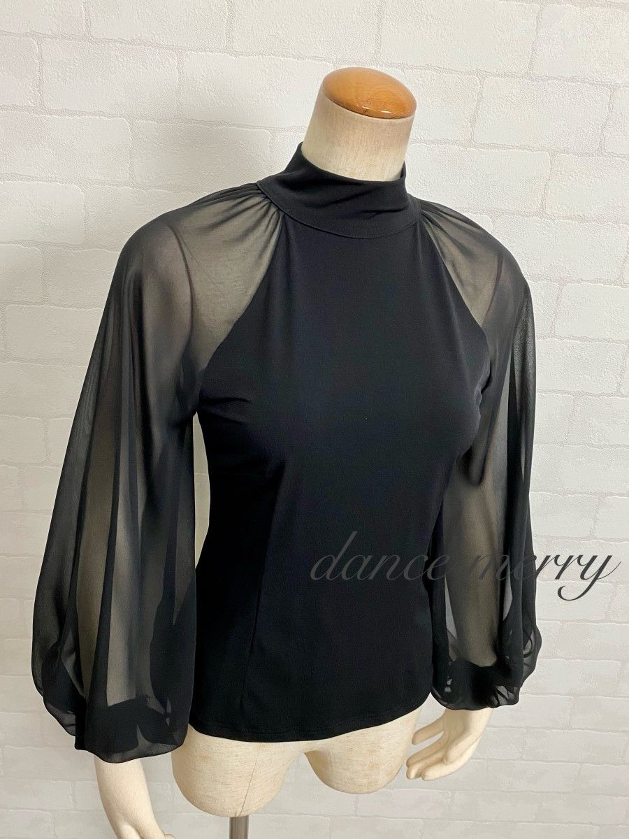 Lサイズ　新品　社交ダンス　トップス　黒　2035　上品　シフォン　長袖　パーティ　ハイネック