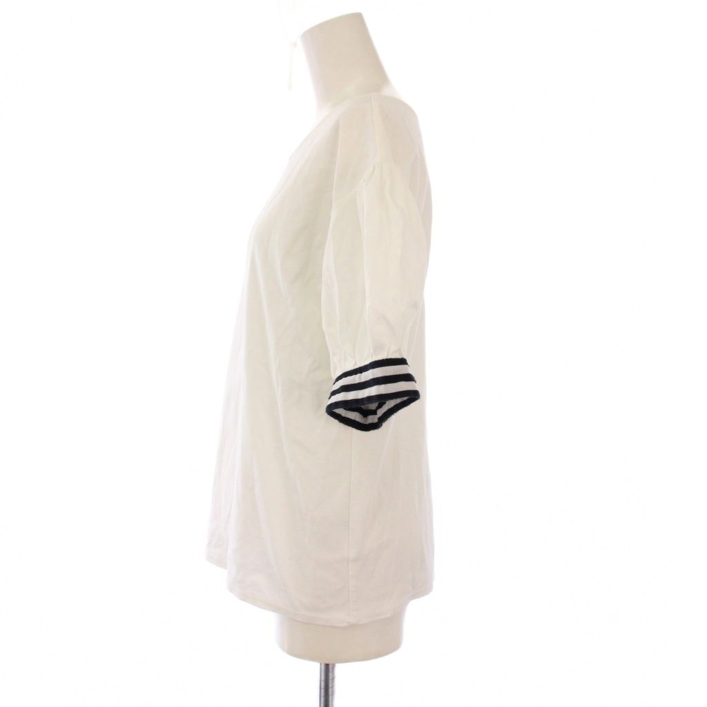 ボーダーズアットバルコニー BORDERS at BALCONY シャツ ブラウス カットソー プルオーバー 半袖 クルーネック パフスリーブ ストレッチ 38 白 ホワイト BB