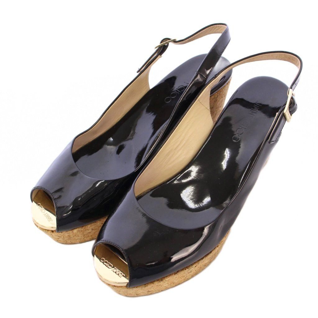 ジミーチュウ JIMMY CHOO ストラップサンダル ラウンドトゥ 厚底 エナメル ロゴ 切替 37 黒 ブラック |BB