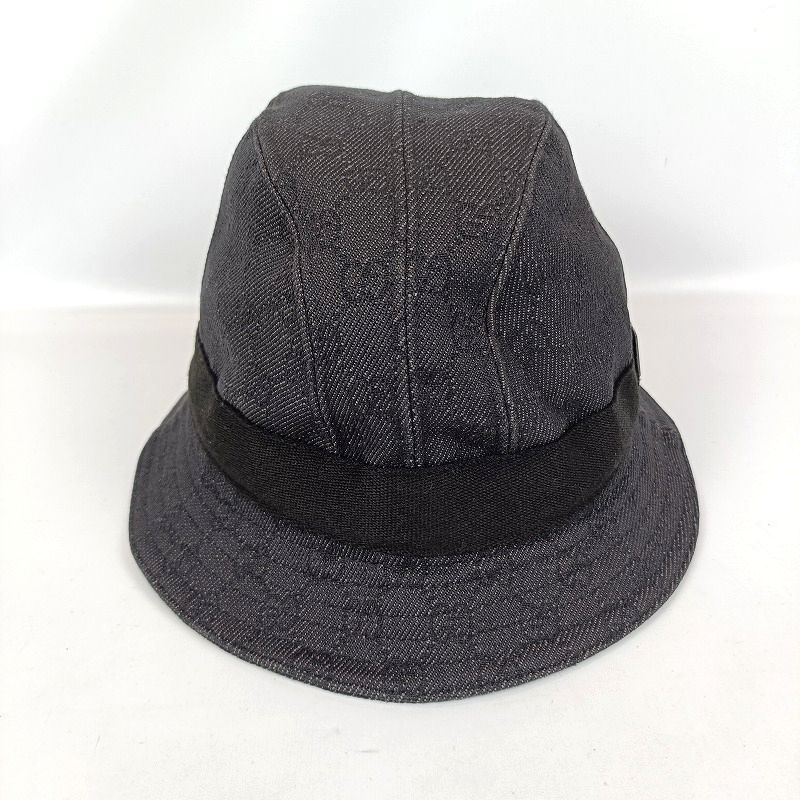 良品 GUCCI グッチ バケットハット Lサイズ 帽子 GG柄 デニム ブラック
