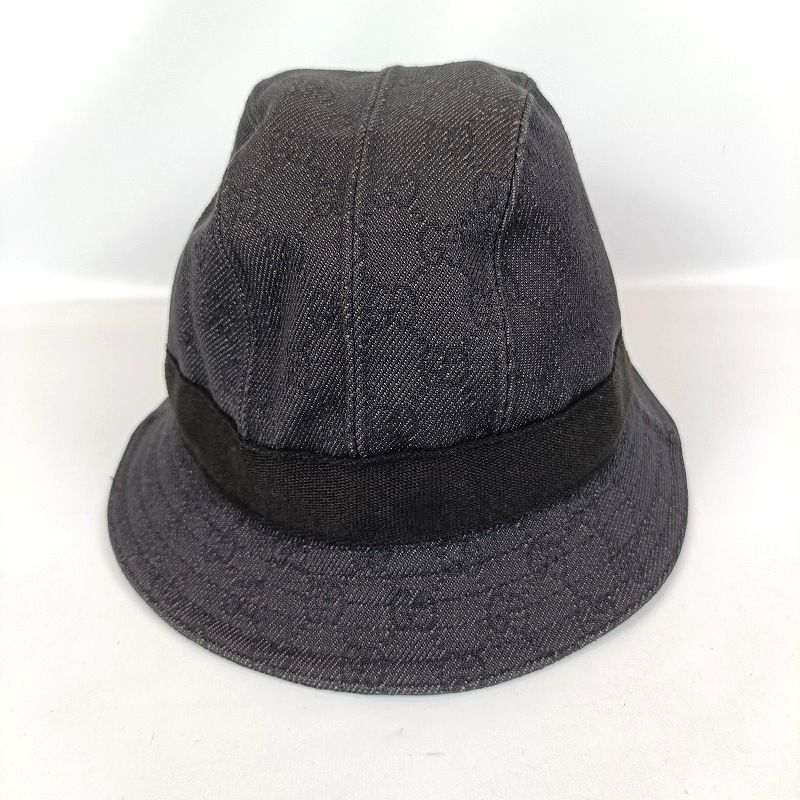 良品 GUCCI グッチ バケットハット Lサイズ 帽子 GG柄 デニム ブラック