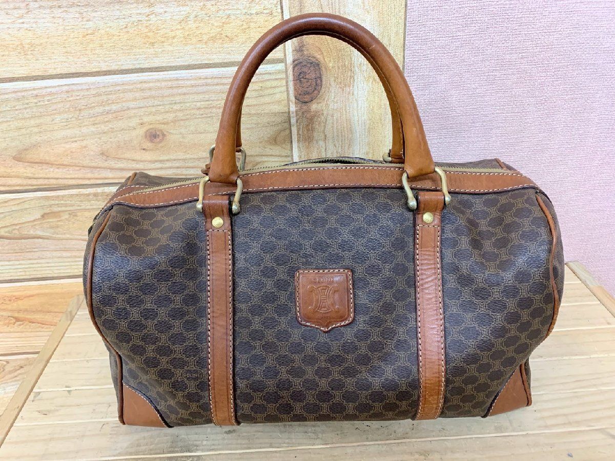 CELINE セリーヌ ボストンバッグ ブラウン系 マカダム柄 PVC×レザー