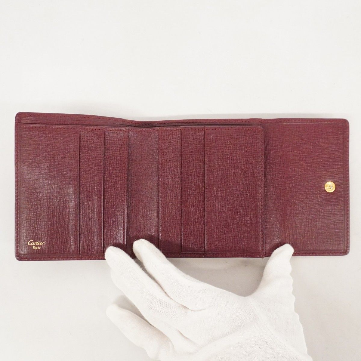 5pa1439】カルティエ 三つ折り財布 マスト レザー ボルドー ゴールド