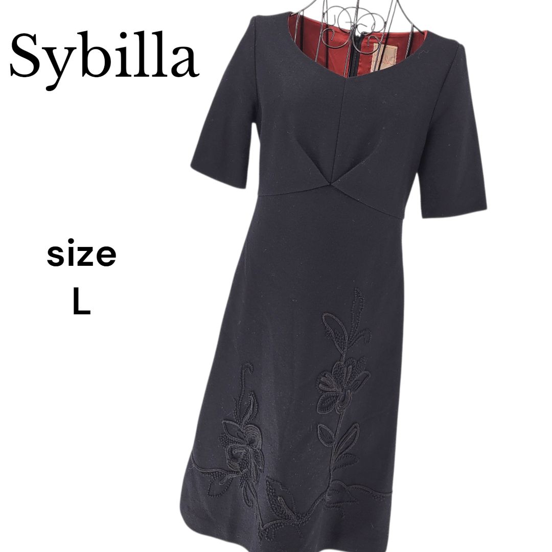 美品】Sybilla シビラ 刺繍ワンピース 半袖 ウール ブラック Lサイズ