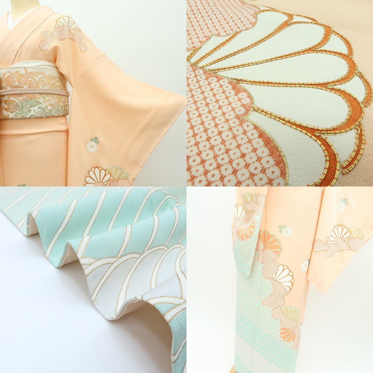 ｍ2079＊正絹 染一つ紋 金駒刺繍 扇面 鶴 手縫い仕立て 訪問着 m2079＊正絹 染一つ紋 金駒刺繍 扇面 鶴 手縫い仕立て 訪問着