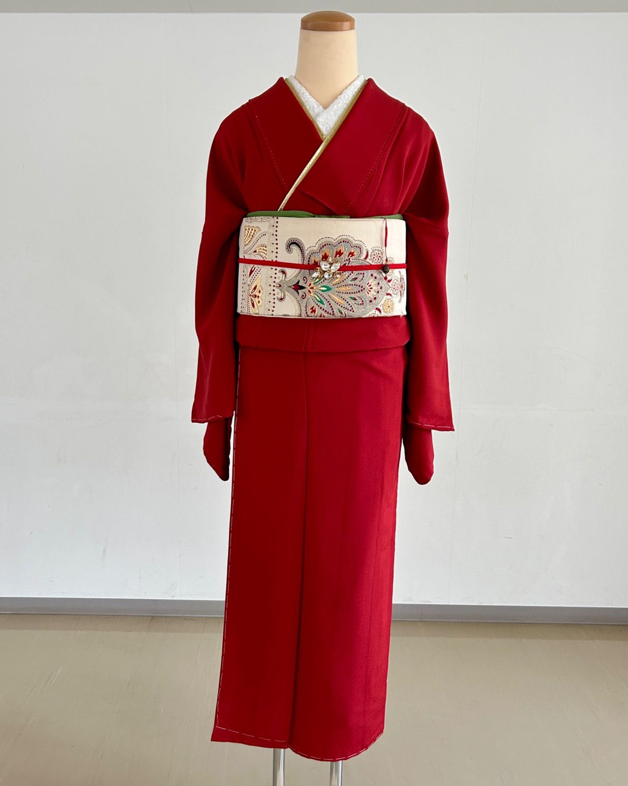 袷 紅色無地 トールサイズ 裄長め しつけあり 一つ紋