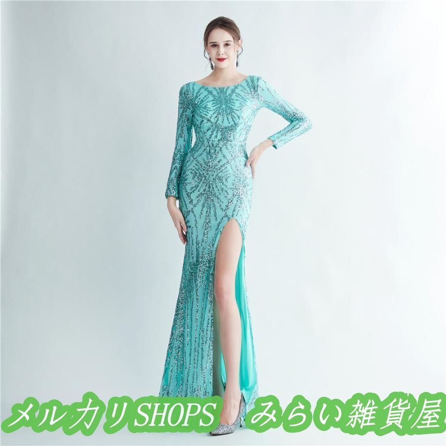 ボートネック エンパイア マーメイド スパンコール スリット 長袖 ナイトドレス パーティードレス ワンピース レディース2222