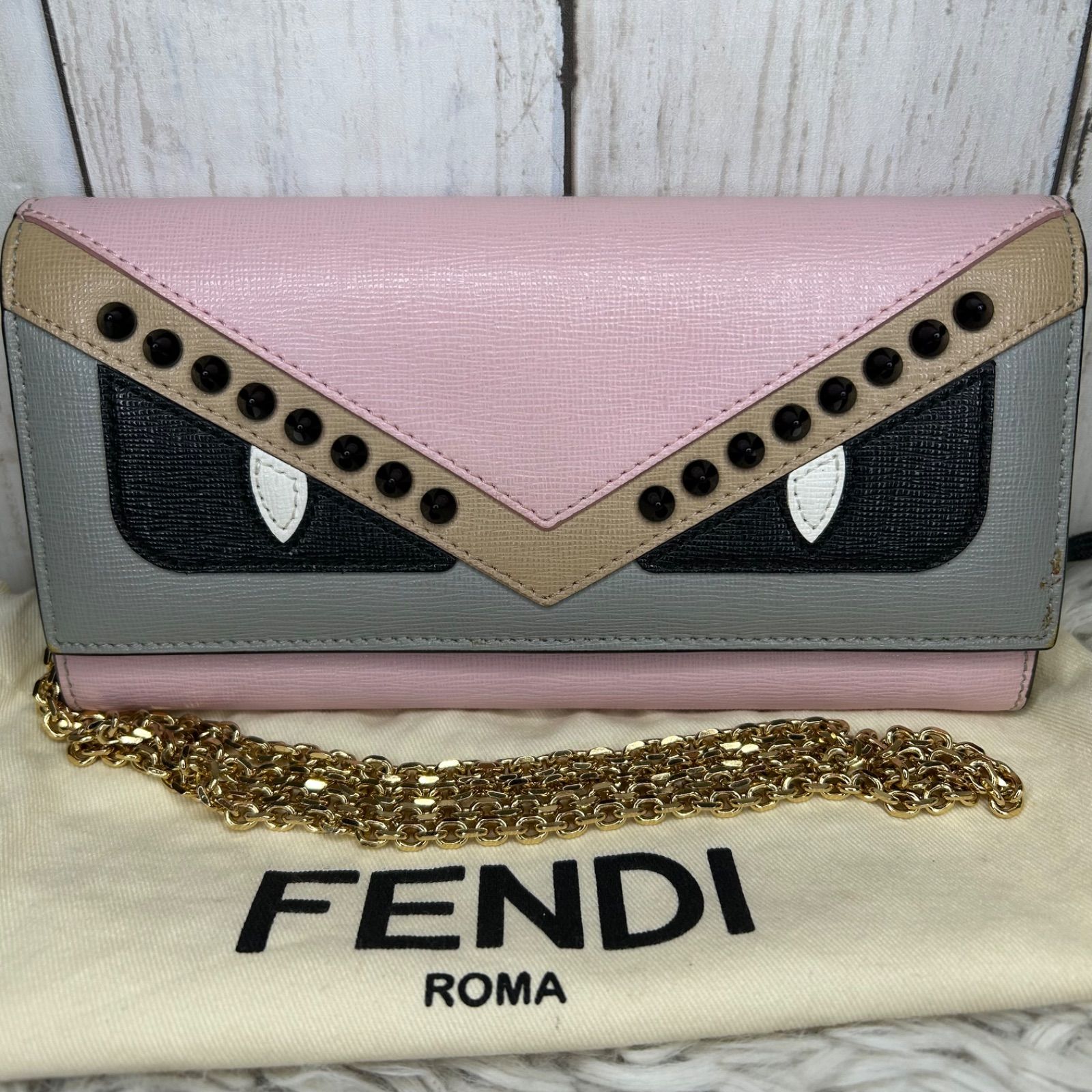 FENDI フェンディ モンスター ピンク レザー チェーンウォレット 長い