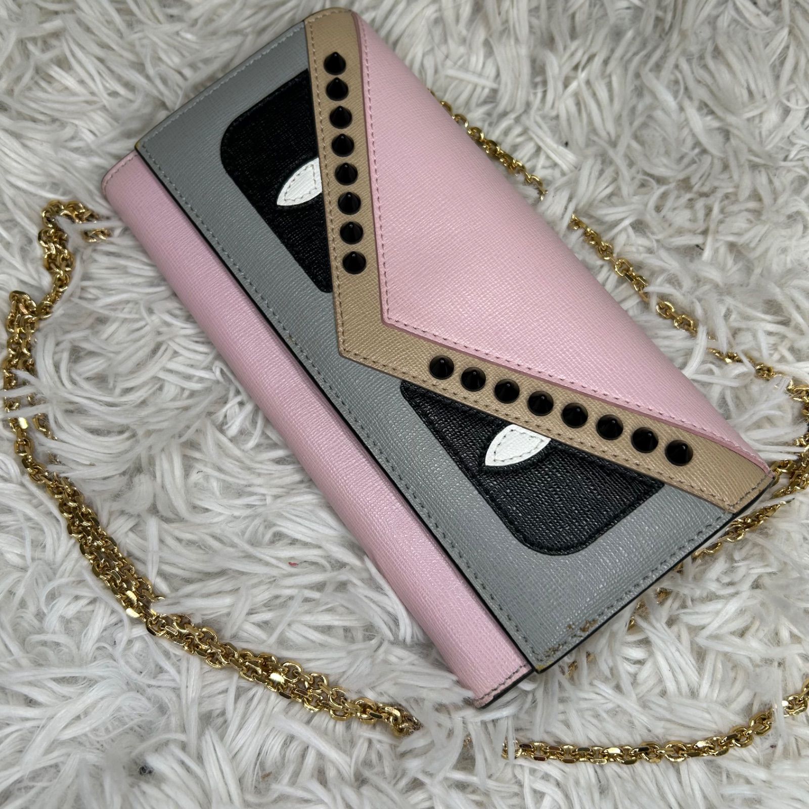 FENDI フェンディ モンスター ピンク レザー チェーンウォレット 長い