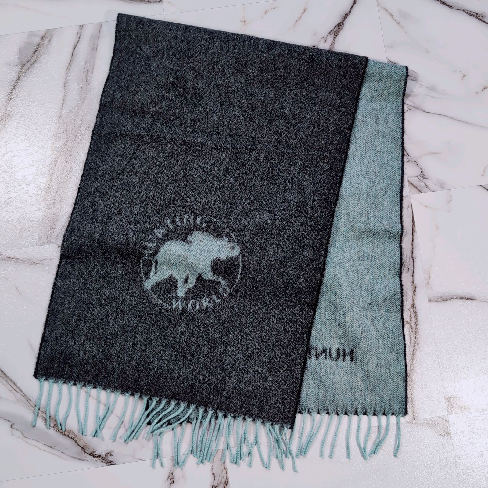 HUNTING WORLD イタリア製 カシミヤ マフラー グレー×ミントグリーン ロゴプリント リバーシブル