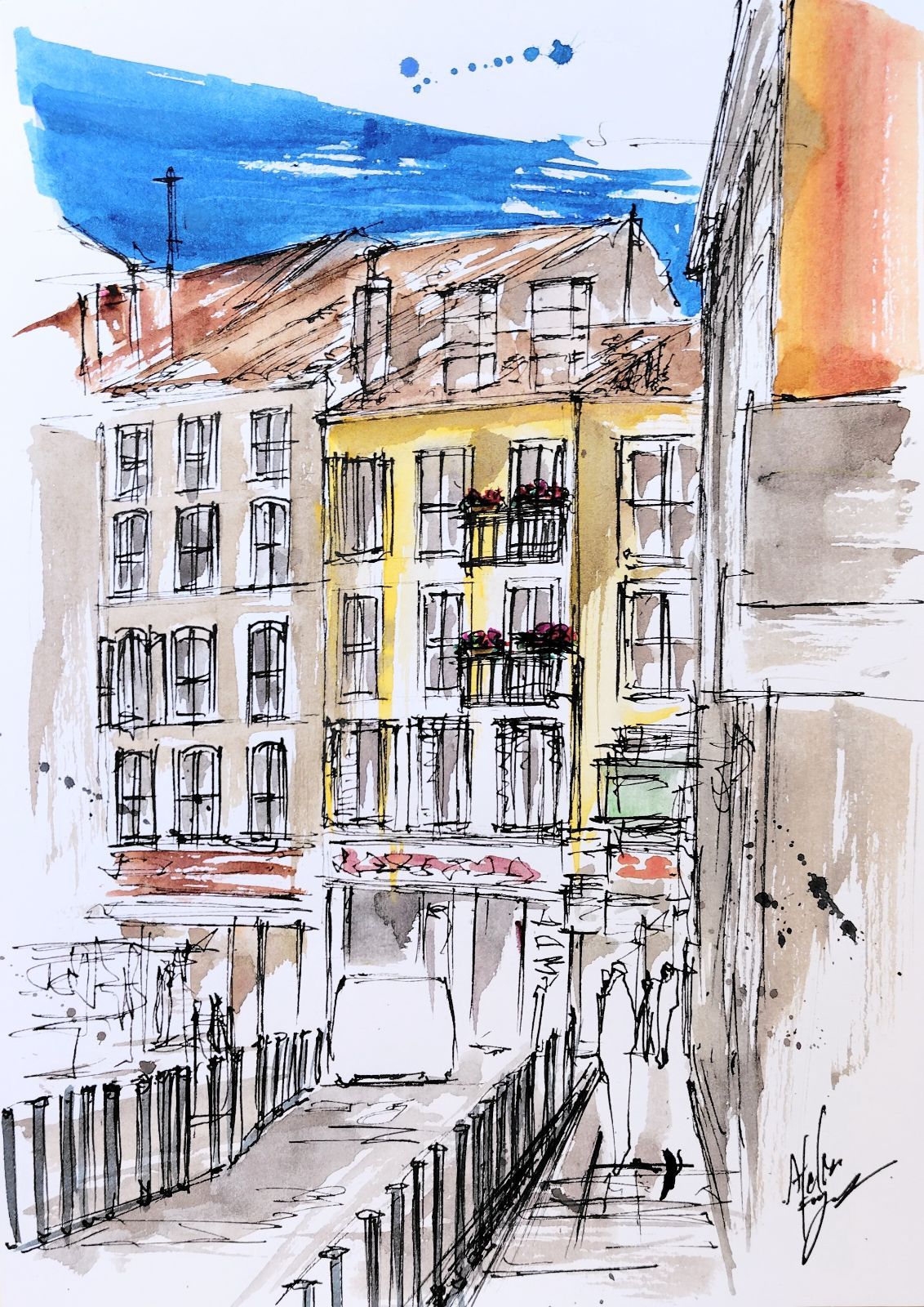 原画#14 カンヌ 黒猫 ヨーロッパ 水彩画 ドローイング アート 絵 風景