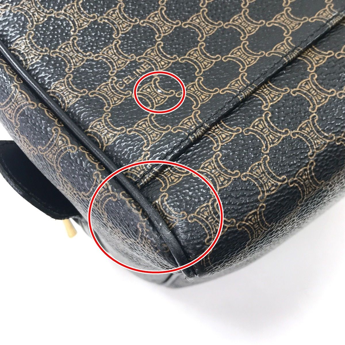 CELINE セリーヌ マカダム柄 ボストンバッグ MC 98 1 ブラウン ブラック ダメージ加工 コーデ提案