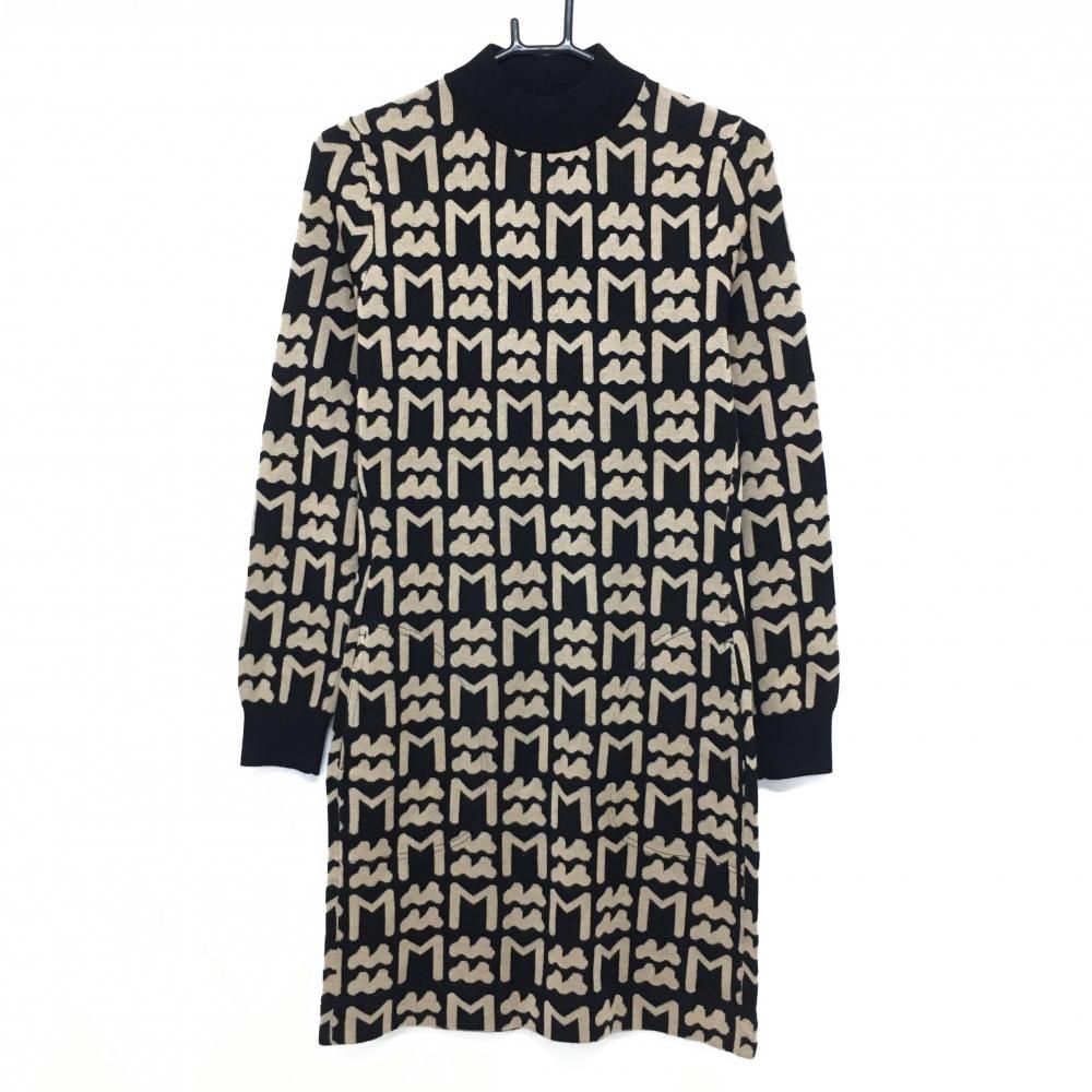 超 ムータマリン ニットワンピース 黒 ベージュ ロゴ総柄 ウール混 レディース 2 M ゴルフウェア muta