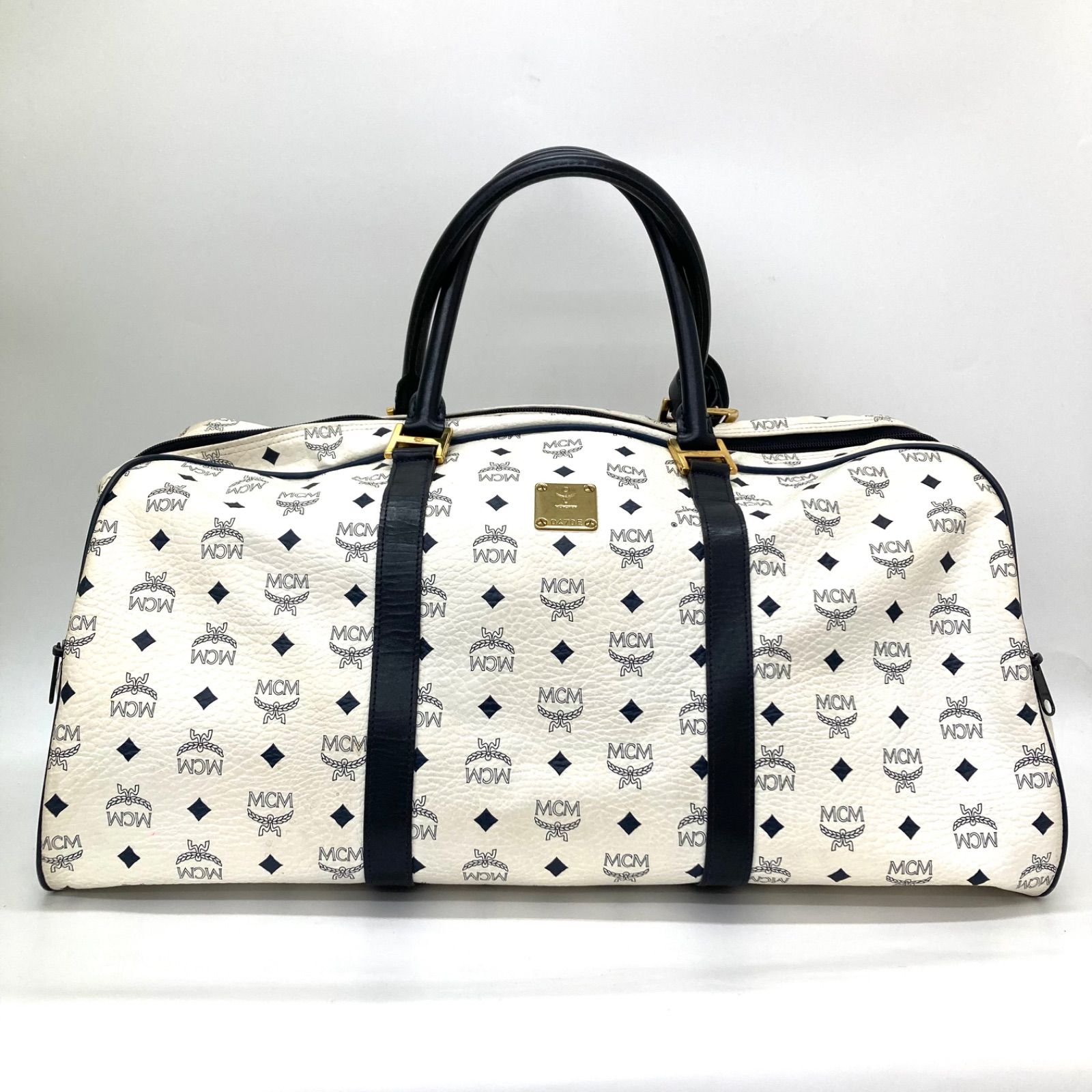 ◆MCM◆エムシーエム ボストンバッグ ホワイト×ネイビ レザー