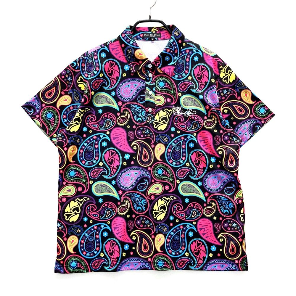 サイズ 4 DANCE WITH DRAGON ダンスウィズドラゴン 半袖ポロシャツ ペイズリー 総柄 ブラック系 ゴルフウェア メンズ ストスト