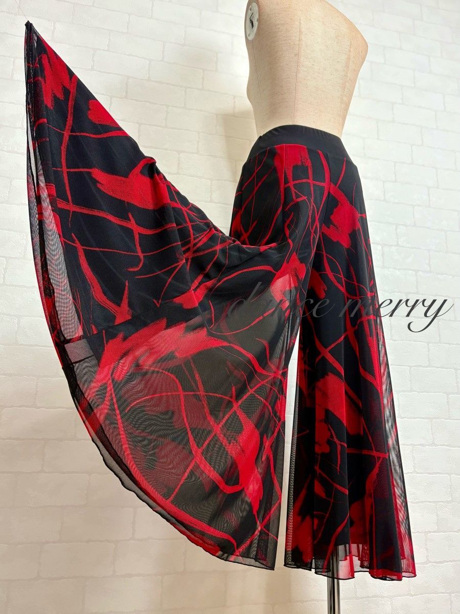 新品　社交ダンス　ワイドパンツ　黒　赤　レッスン　男足　ズボン　6296　タンゴ　ラテン