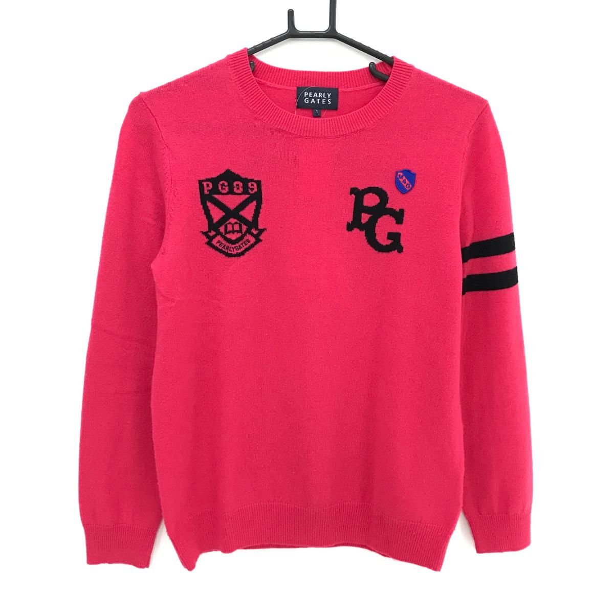 パーリーゲイツ セーター ピンク×黒 袖2ライン カシミヤ混 ニット レディース 1 M ゴルフウェア PEARLY GATES
