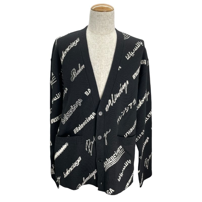 バレンシアガ ロゴマニア総柄ニットカーディガン 724852 ブラック ウール メンズ カーディガン