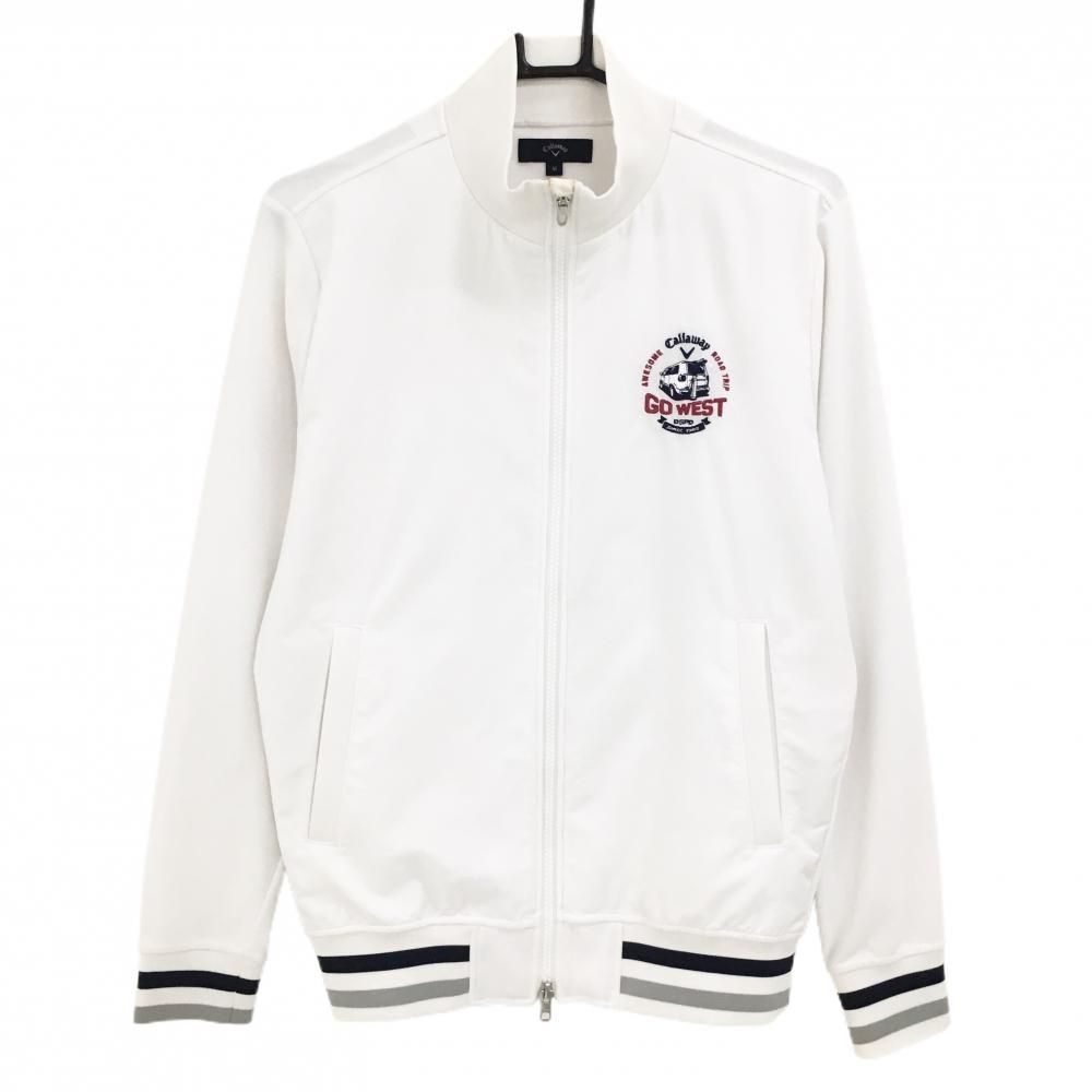 【美品】キャロウェイ ジャケットブルゾン 白×ネイビー 地模様 袖口裾ライン メンズ M ゴルフウェア Callaway