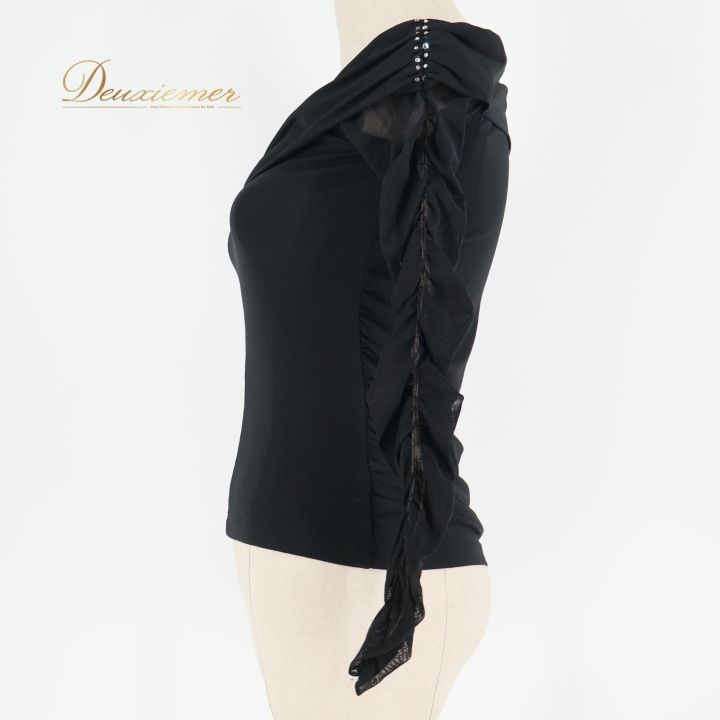 B1653【チャコット】Ｍ/黒/ラインストーン/トップス☆社交ダンス 社交ダンス 衣装 トップス ブラウス ブラック系 チャコットロイヤル