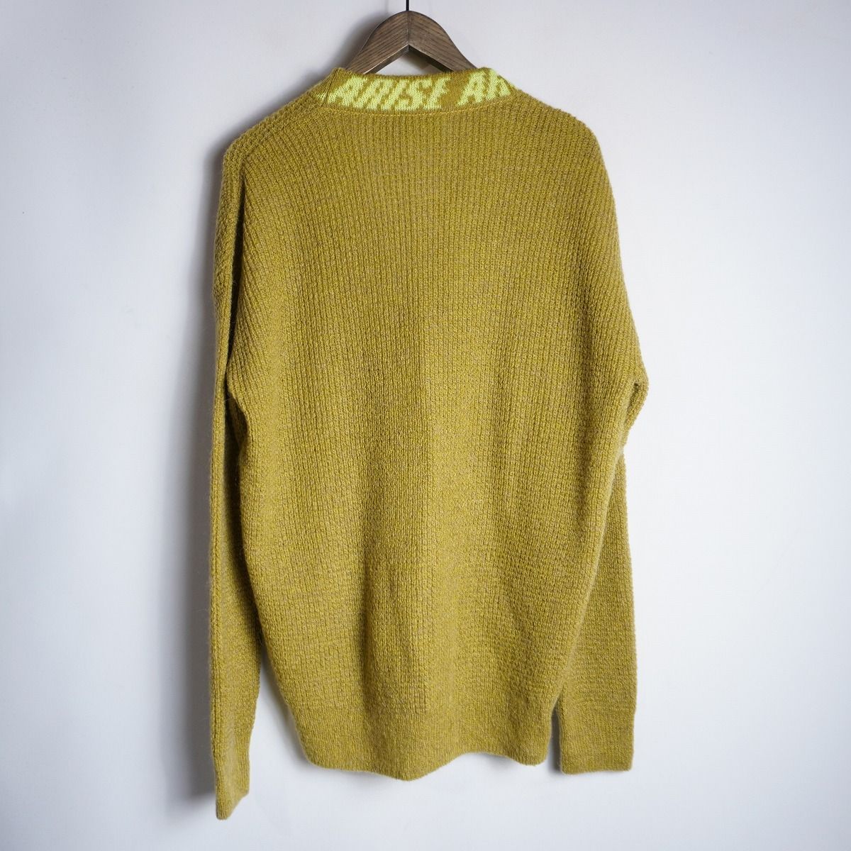 Aries アリーズ アリエス モヘア混 ワッフル ニット ロゴ インターシャ カーディガン 透かし柄 ミドルゲージ 黄色 M 1128 P 4