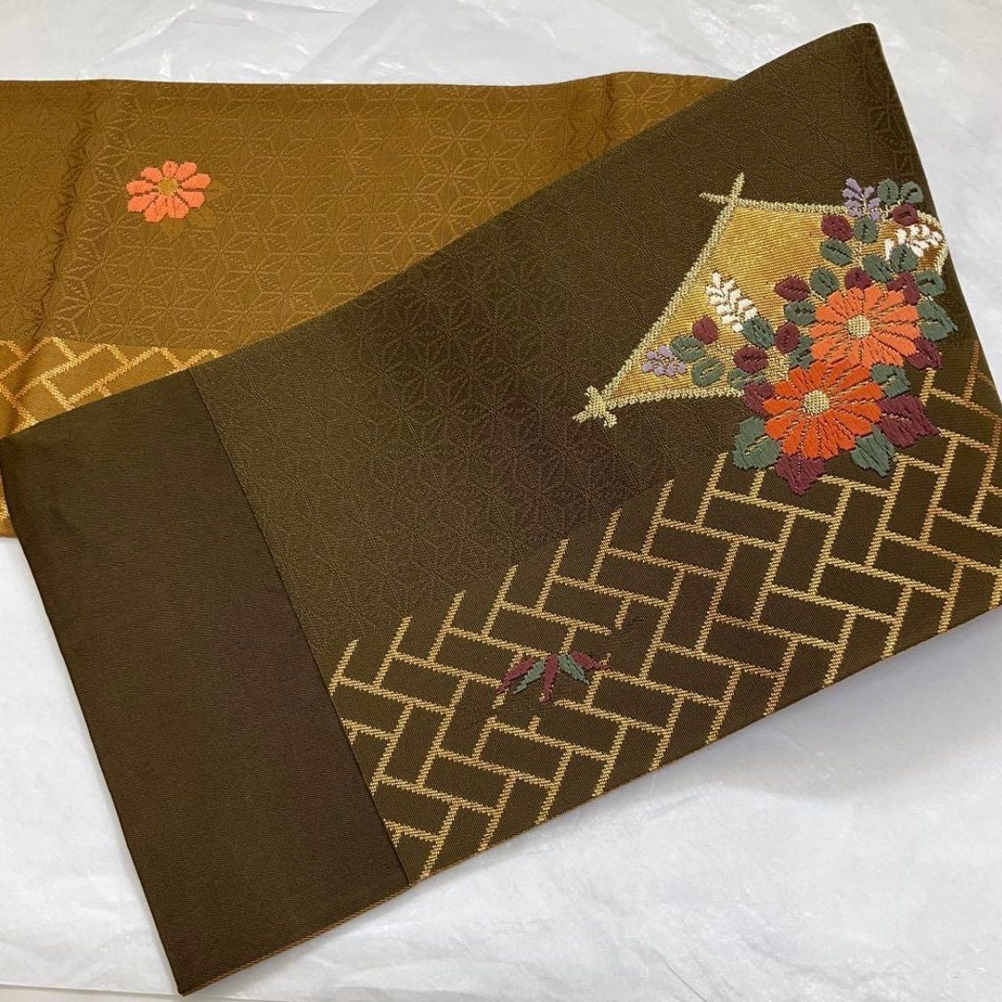 西陣織唐織正絹●リバーシブル●半幅帯半巾帯小袋帯●436㎝●