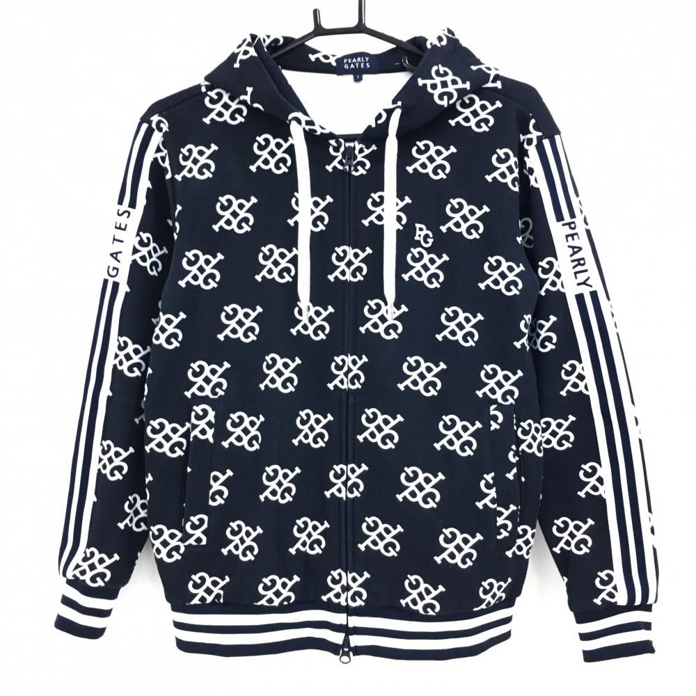 パーリーゲイツ ジップパーカー ダークネイビー×白 ロゴ総柄 袖ライン