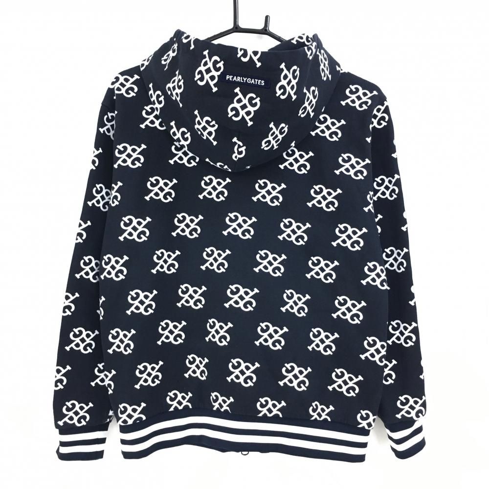 パーリーゲイツ ジップパーカー ダークネイビー×白 ロゴ総柄 袖ライン