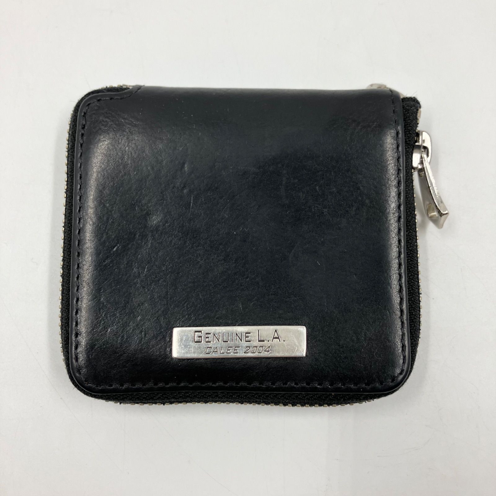 CC6 CALEE キャリー シルバープレート ラウンドジップ レザーショート ウォレット 牛革 財布 ブラック