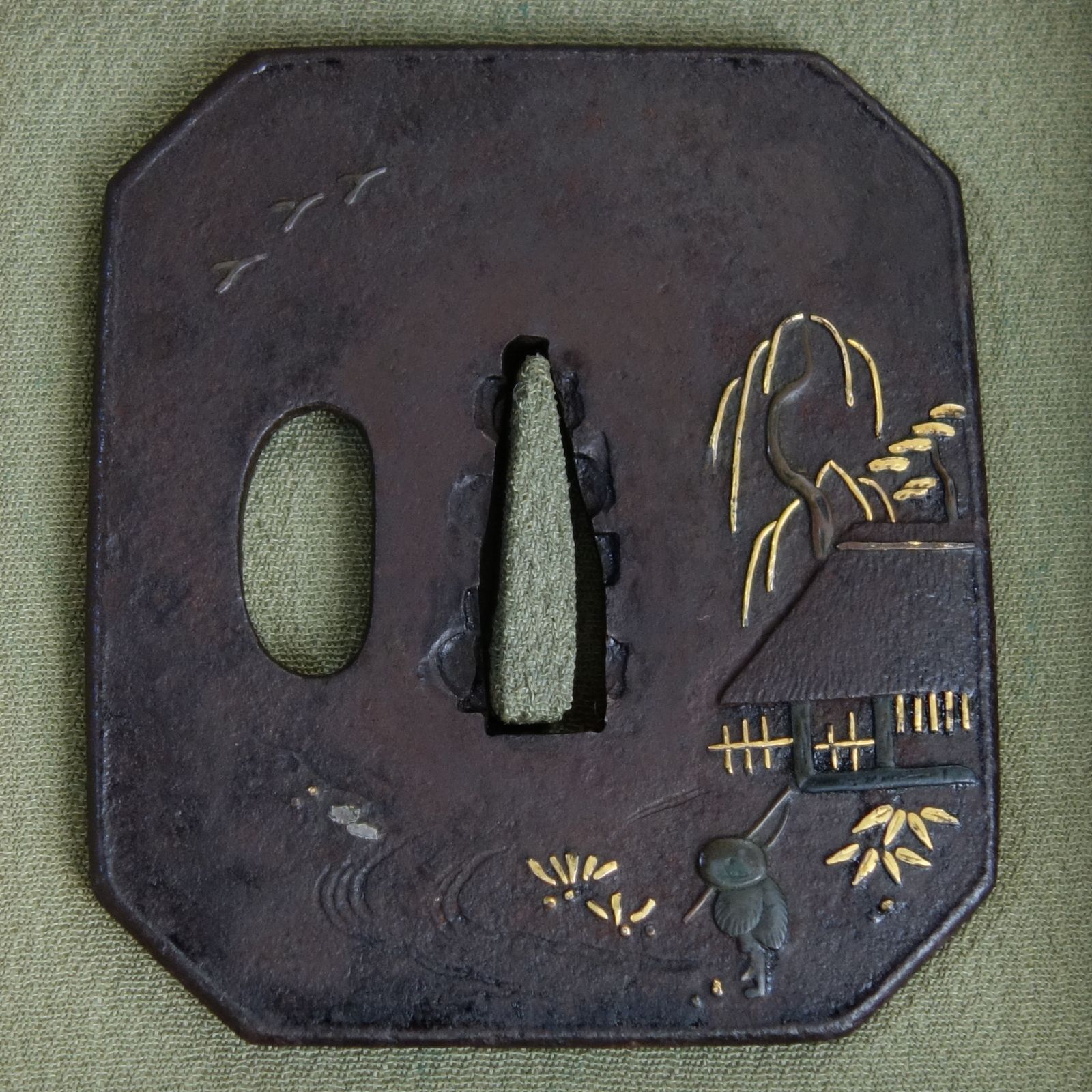 鍔 【 鉄地 象嵌 太公望風景図鍔 】 日本刀 刀装具 鐔 骨董 古美術
