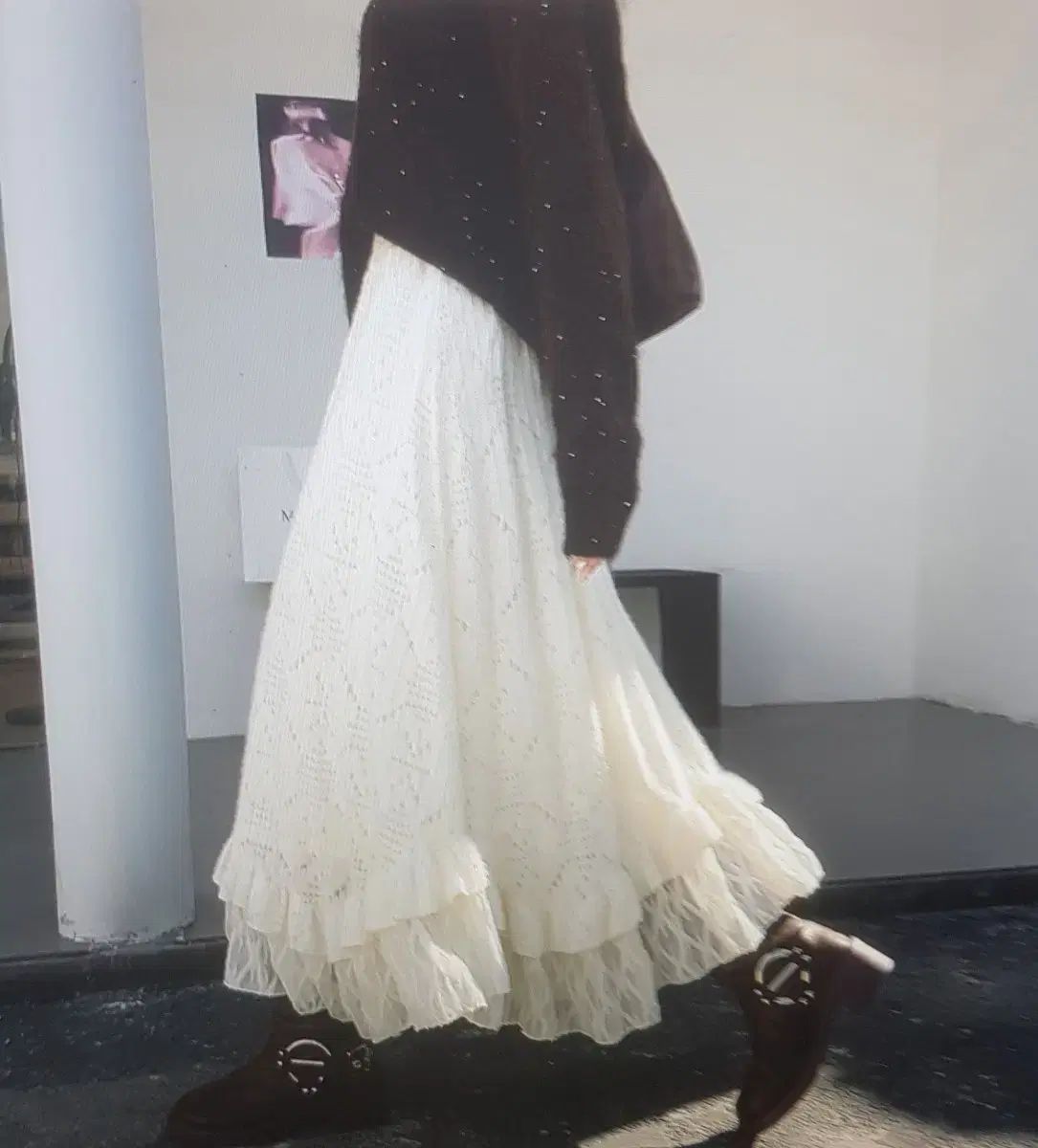 海外配送 アイボリー レース ティアード アシンメトリー ロング スカート