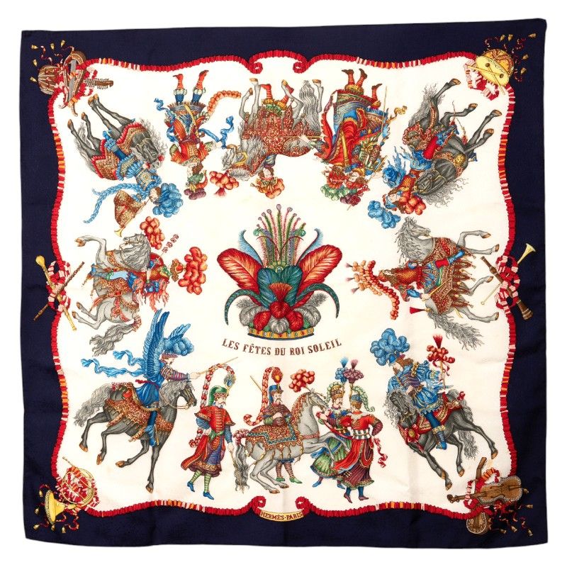 エルメス カレ90 LES FETES DU ROI SOLEIL 太陽王の祝典 ブルー マルチ シルク レディース HERMES 1 0241002