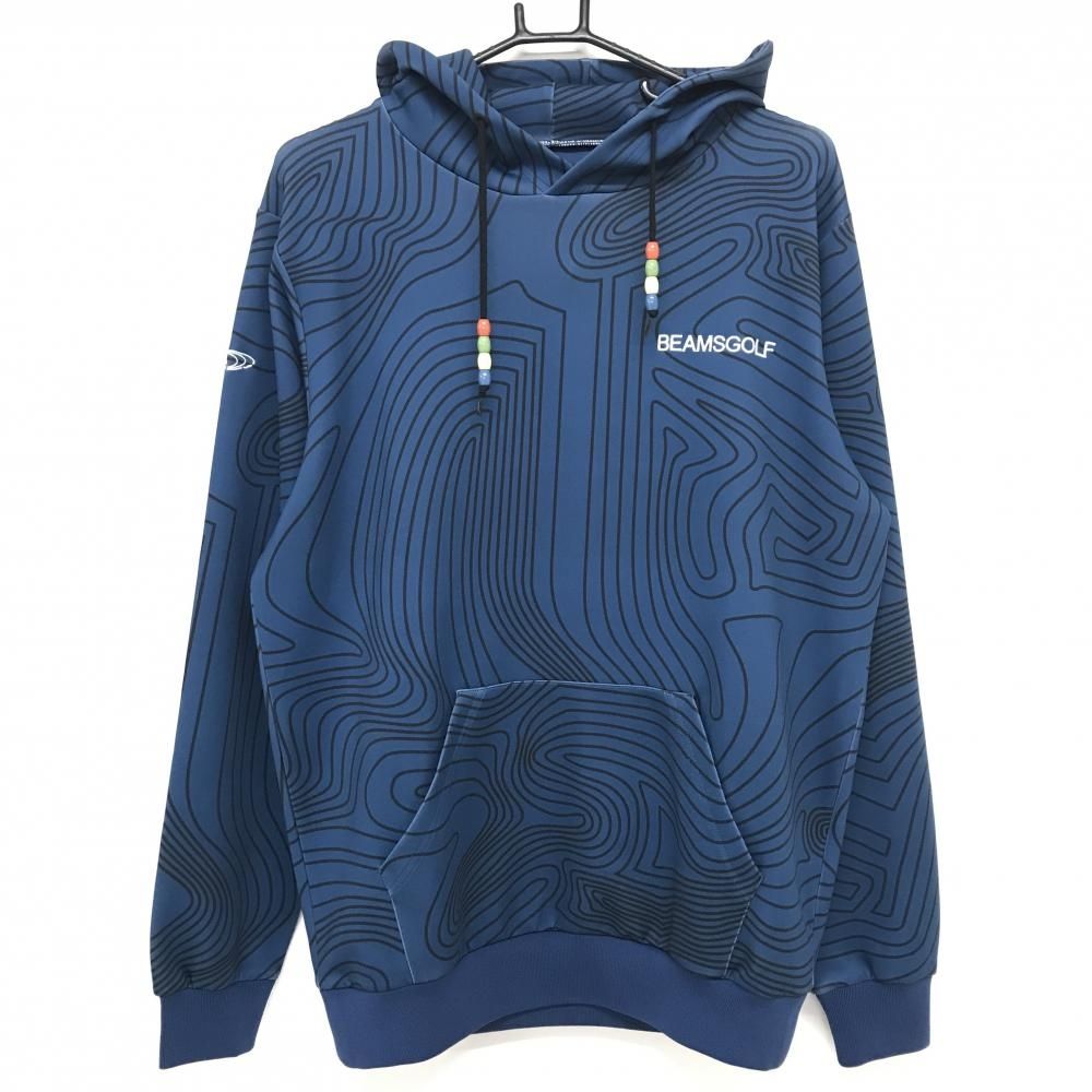 超 ビームスゴルフ パーカー ブルー×黒 総柄 ロゴ刺しゅう ビーズ メンズ M ゴルフウェア BEAMS GOLF