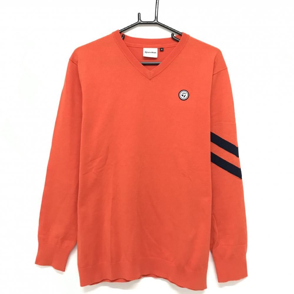 新品TaylorMade テーラーメイド ニットジャケット 防風 オレンジ M 美品】テーラーメイド セーター オレンジ×ネイビー 袖2ライン ウール混