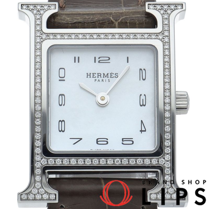 エルメス Hウォッチ ダイヤベゼル シェル HH1.235 箱 保証書 SS/革