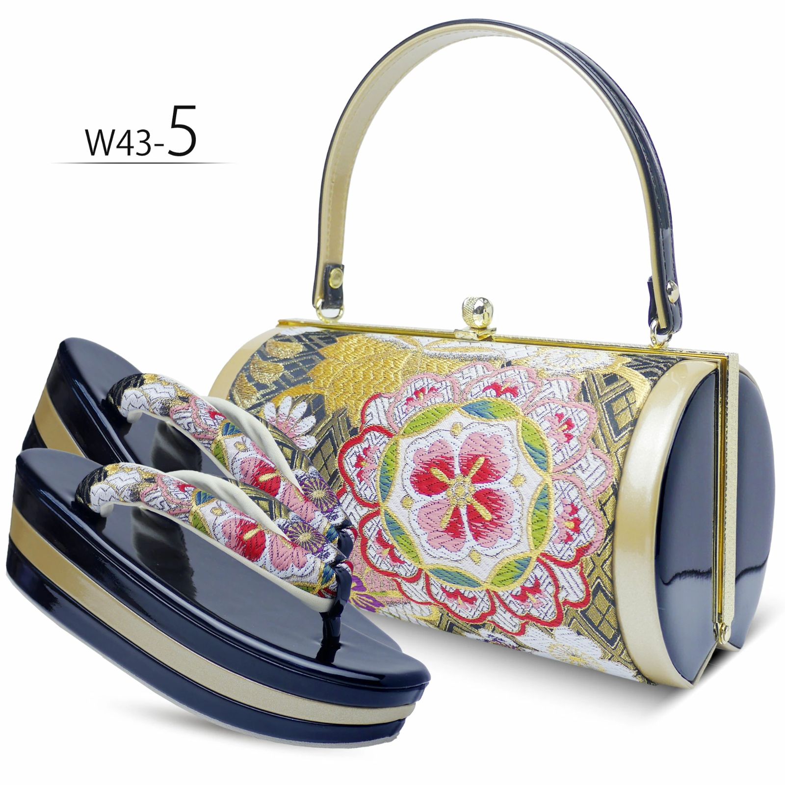 三枚芯 草履バッグセット 振袖用帯地 黒×金 S/M/L/LLサイズ w43-5