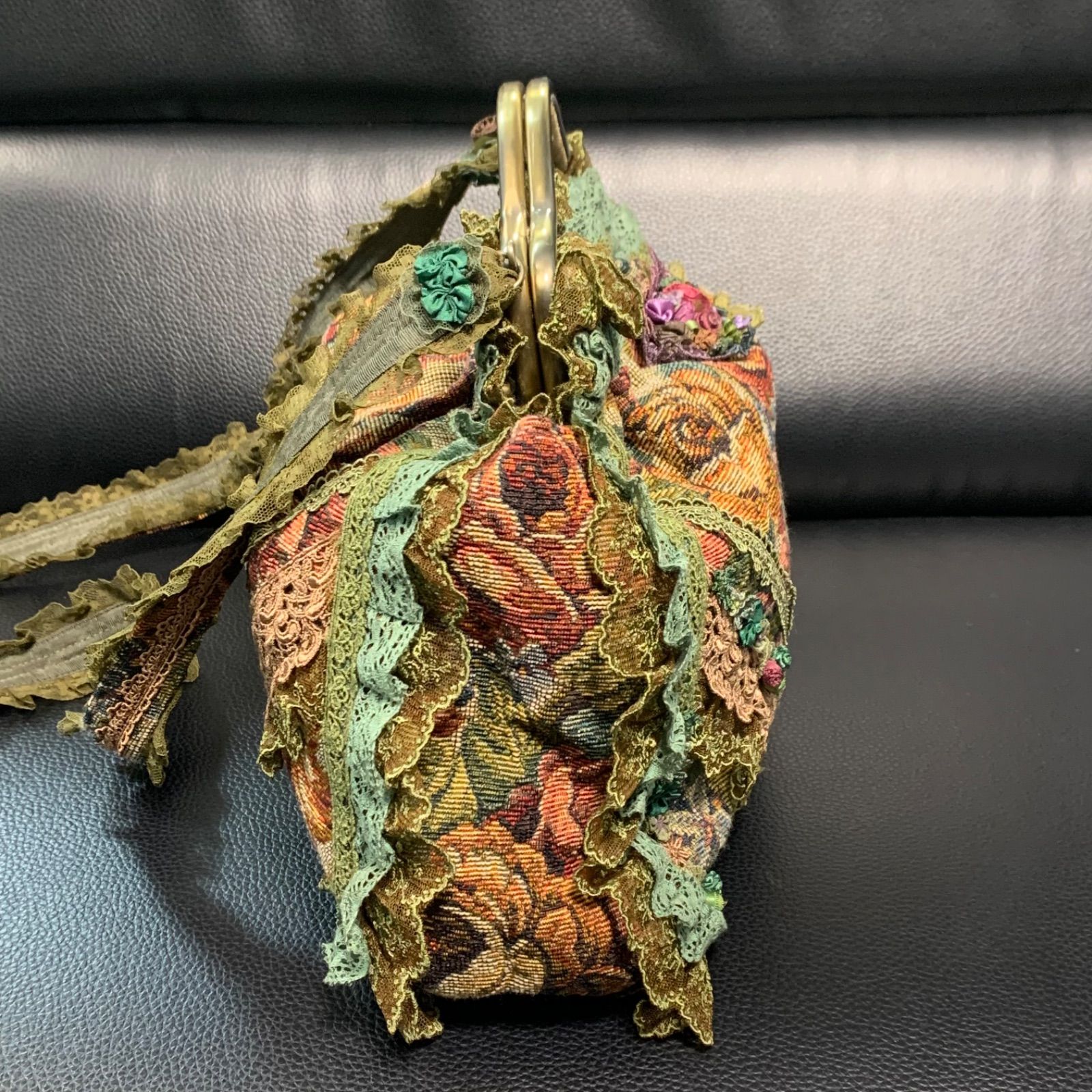 美品 chimaki 日本製 フリル レース 花 がま口 ショルダーバッグ